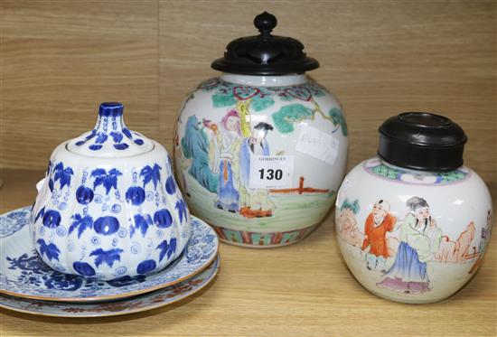 Two famille rose vases,melon shapers, jar and cover and two plates (5) Largest 23cm high